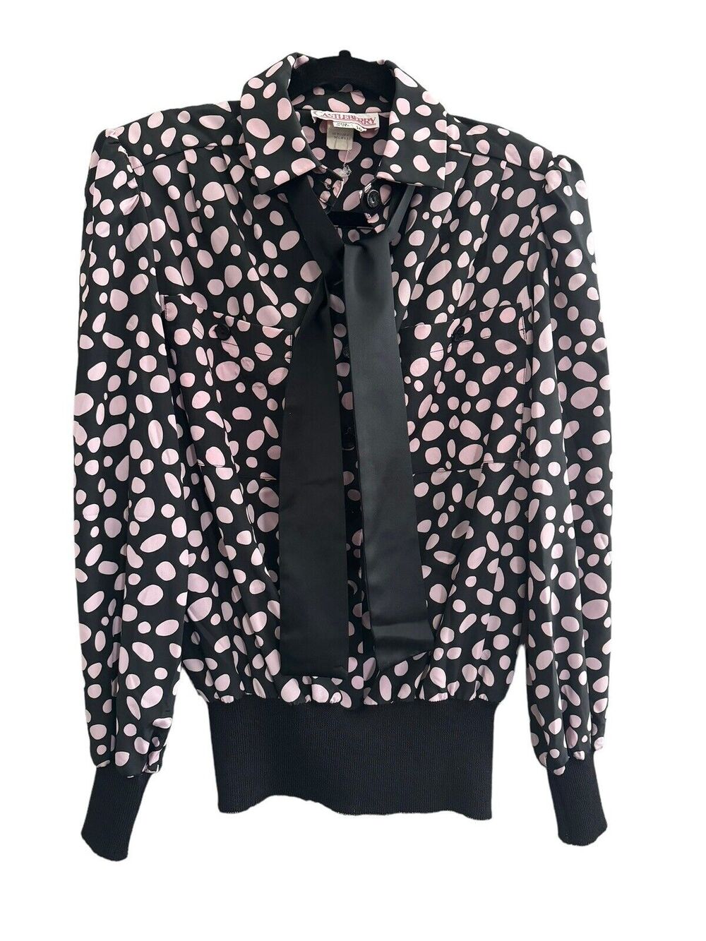 Vintage Castleberry Womens 10 Blouse Black Pale Pink Polka Dots Tie Top #1860